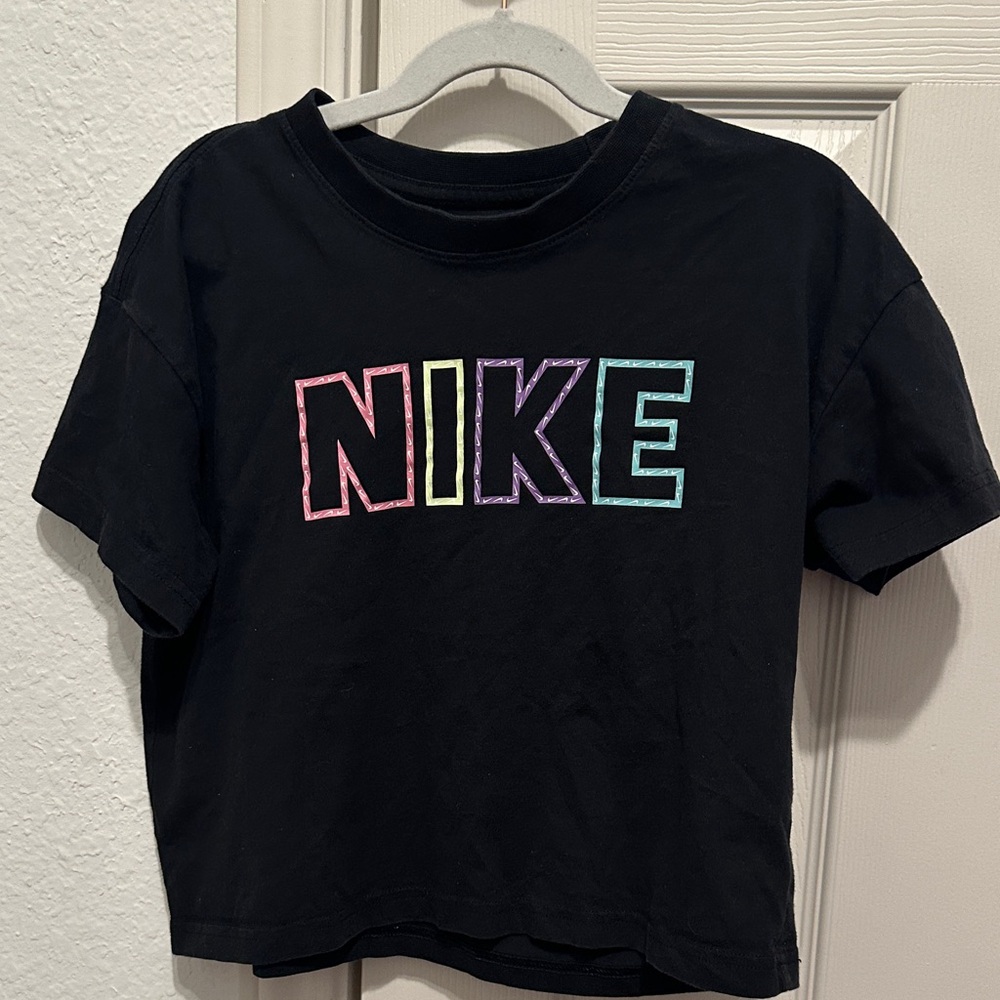Nike Kids Black Crop Tee with Multicolor Logo